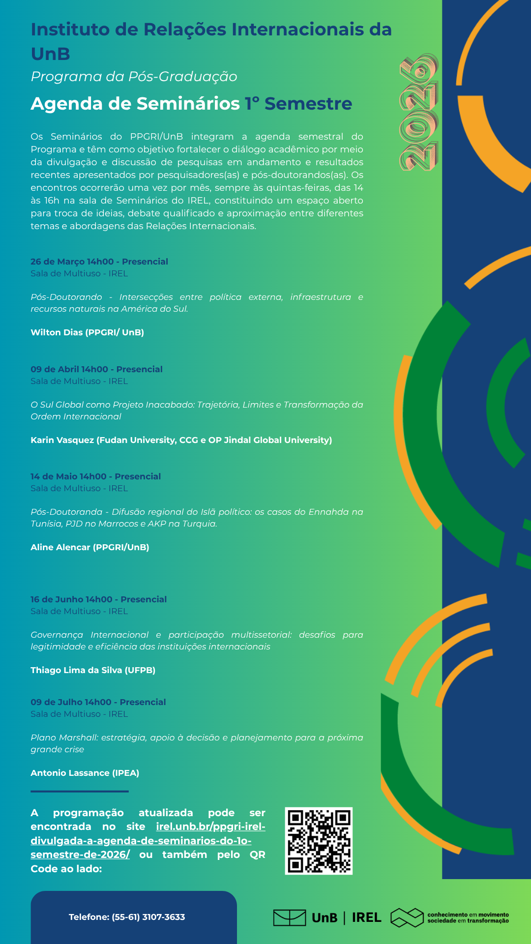 Agenda de Seminários Pós-Graduação IREL 1º Semestre 2026