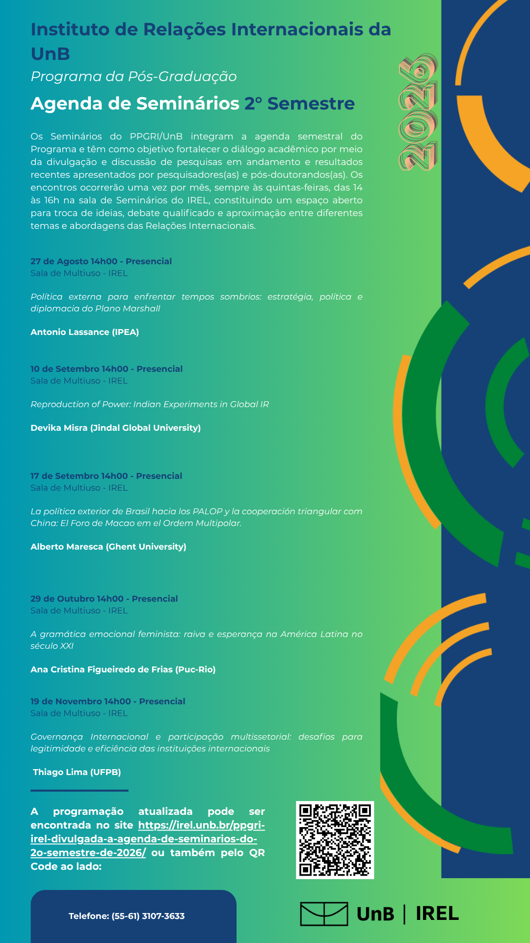 Agenda de Seminários Pós-Graduação IREL 1º Semestre 2026